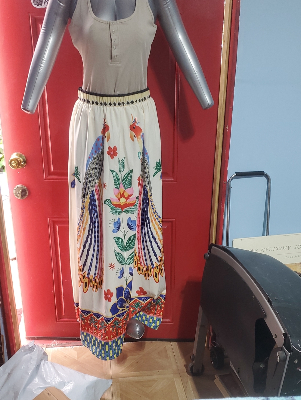 Bohemian Cream Maxi Skirt with Colorful Peacock Print